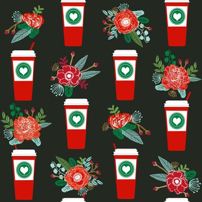 large version peppermint latte fabric, red cups fabric, holiday fabric, christmas fabric, christmas floral, coffee and florals fabric