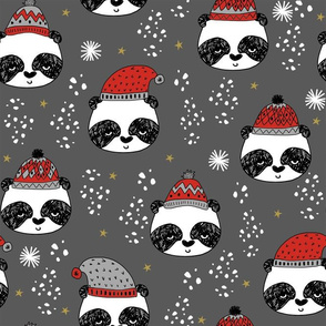 LARGE christmas panda fabric, cute christmas fabric, kawaii christmas fabric, santa fabric, christmas fabric with panda, panda christmas fabric, panda fabric - grey