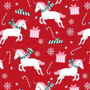 christmas unicorn - christmas unicorn fabric, christmas fabric, christmas fabric by the yard, holiday fabric, xmas fabric, cute fabric, christmas design, funny christmas -red