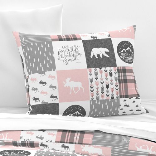 Pink and Grey Fearfully and Wonderfully Made/ love you to the mountains and back - Patchwork woodland quilt top 