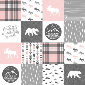 Pink and Grey Fearfully and Wonderfully Made/ love you to the mountains and back - Patchwork woodland quilt top 