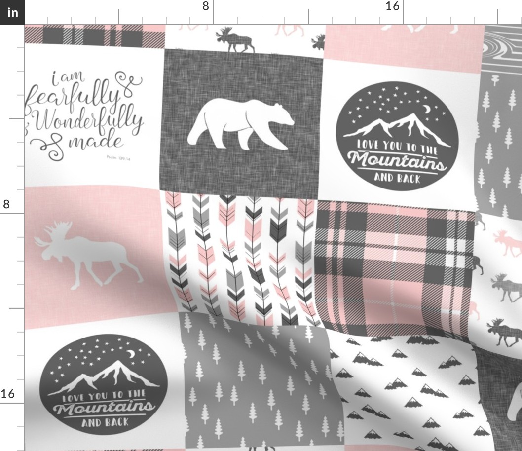 Pink and Grey Fearfully and Wonderfully Made/ love you to the mountains and back - Patchwork woodland quilt top 