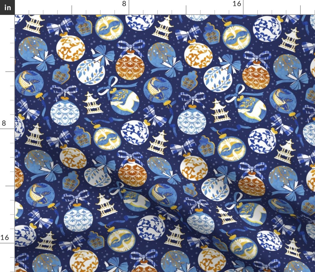 Merry Christmas  - Chinoiserie Ornaments // gold white and blue