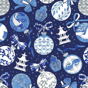 Merry Christmas  - Chinoiserie Ornaments // silver white and blue