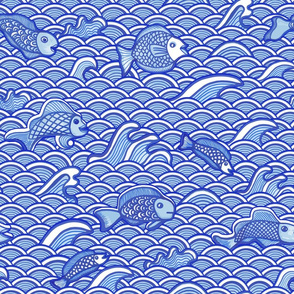 Chinoiserie Fish Blue and White large scale