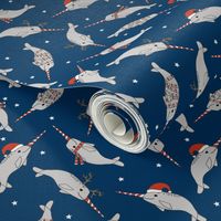 christmas narwhal fabric // - christmas fabric by the yard, christmas fabric, narwhal fabric, cute christmas fabric, narwhal santa fabric, santa fabric, andrea lauren fabric - navy