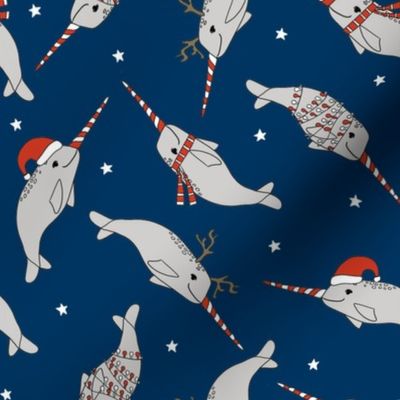 christmas narwhal fabric // - christmas fabric by the yard, christmas fabric, narwhal fabric, cute christmas fabric, narwhal santa fabric, santa fabric, andrea lauren fabric - navy