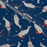 christmas narwhal fabric // - christmas fabric by the yard, christmas fabric, narwhal fabric, cute christmas fabric, narwhal santa fabric, santa fabric, andrea lauren fabric - navy