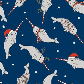 christmas narwhal fabric // - christmas fabric by the yard, christmas fabric, narwhal fabric, cute christmas fabric, narwhal santa fabric, santa fabric, andrea lauren fabric - navy