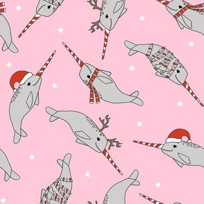christmas narwhal fabric // - christmas fabric by the yard, christmas fabric, narwhal fabric, cute christmas fabric, narwhal santa fabric, santa fabric, andrea lauren fabric - pink
