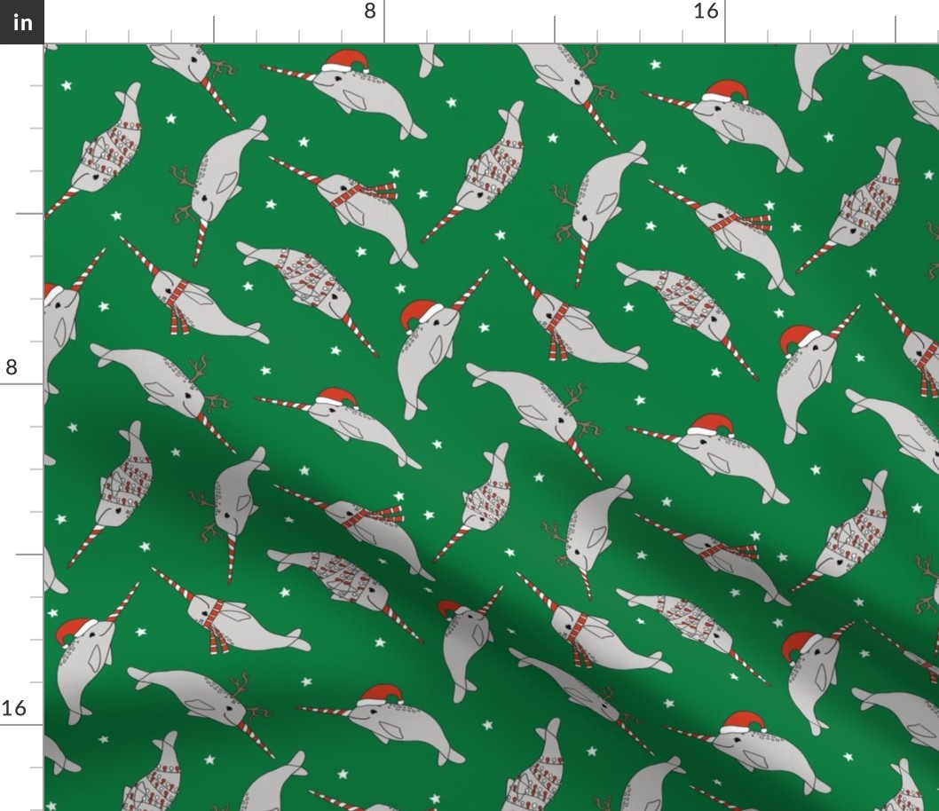 christmas narwhal fabric // - christmas fabric by the yard, christmas fabric, narwhal fabric, cute christmas fabric, narwhal santa fabric, santa fabric, andrea lauren fabric - green