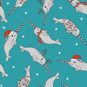 christmas narwhal fabric // - christmas fabric by the yard, christmas fabric, narwhal fabric, cute christmas fabric, narwhal santa fabric, santa fabric, andrea lauren fabric - turquoise