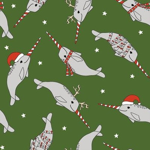 christmas narwhal fabric // - christmas fabric by the yard, christmas fabric, narwhal fabric, cute christmas fabric, narwhal santa fabric, santa fabric, andrea lauren fabric - green