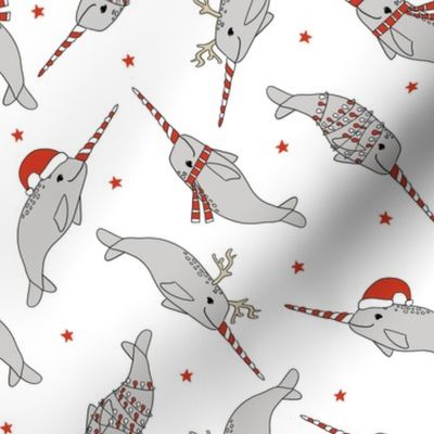 christmas narwhal fabric // - christmas fabric by the yard, christmas fabric, narwhal fabric, cute christmas fabric, narwhal santa fabric, santa fabric, andrea lauren fabric - white