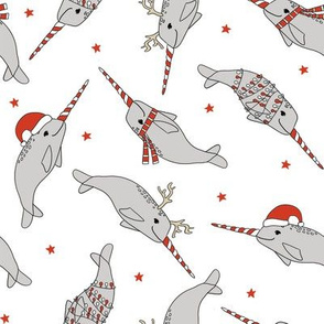 christmas narwhal fabric // - christmas fabric by the yard, christmas fabric, narwhal fabric, cute christmas fabric, narwhal santa fabric, santa fabric, andrea lauren fabric - white