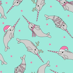 christmas narwhal fabric // - christmas fabric by the yard, christmas fabric, narwhal fabric, cute christmas fabric, narwhal santa fabric, santa fabric, andrea lauren fabric - pink and mint