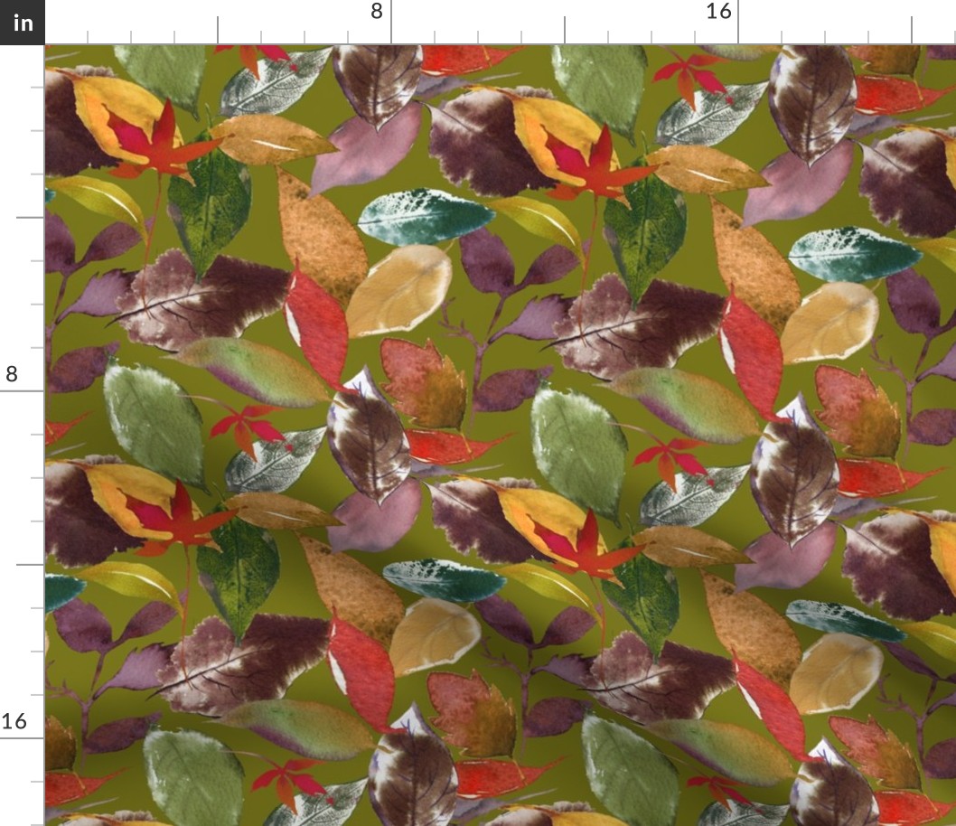 Autumn Fall Leaves Pattern // Olive