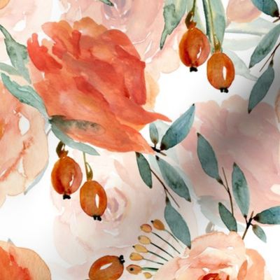 10" Autumnal Watercolor Orange Roses and Berries