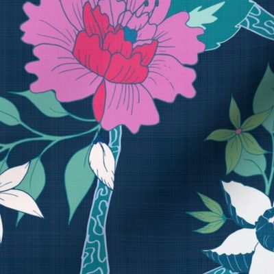 Deluxe Dark Navy Peony Branch Mural