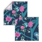 Deluxe Dark Navy Peony Branch Mural