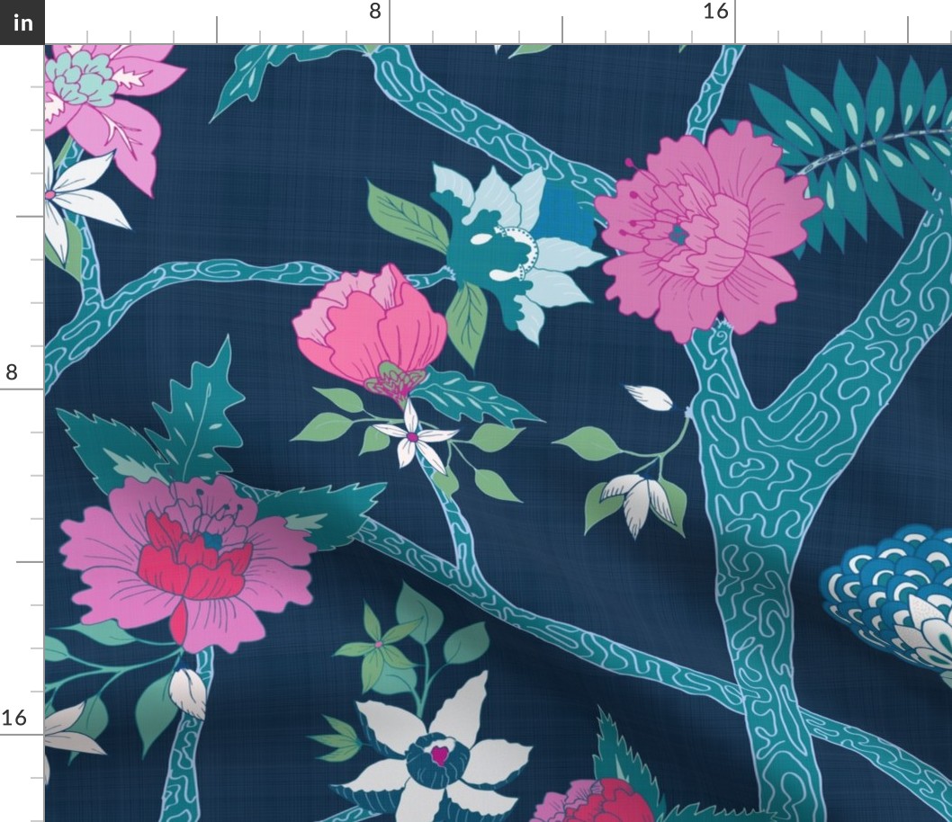 Deluxe Dark Navy Peony Branch Mural