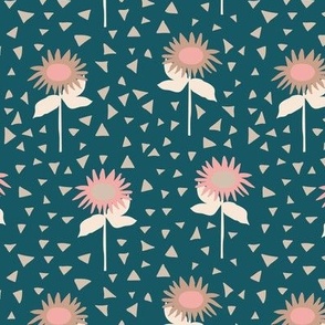 Row of flowers and triangles pattern on a deep green background