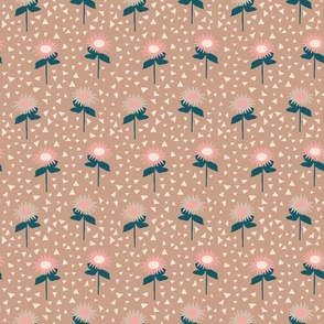 Row of flowers and triangles pattern on a light brown green  background. 