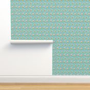 Row of flowers and triangles pattern on a mint green background