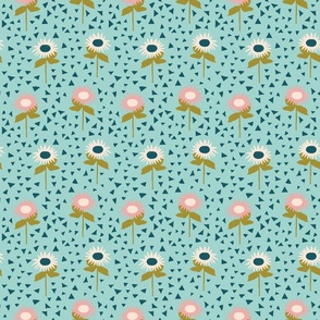 Row of flowers and triangles pattern on a mint green background