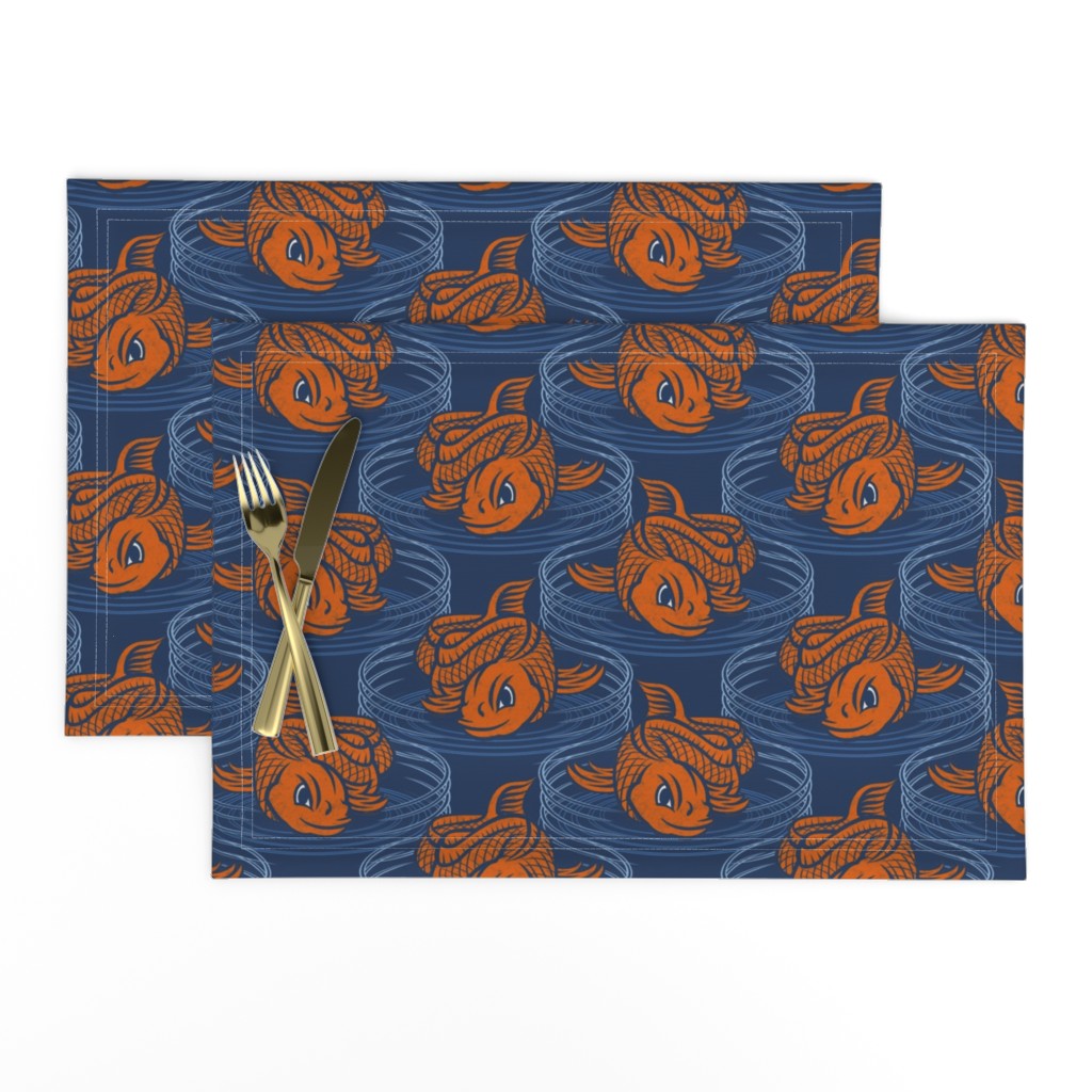 ★ KOI FISH INVASION ★ Navy Blue & Orange - Large Scale / Collection : Japanese Koi Block Print