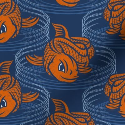 ★ KOI FISH INVASION ★ Navy Blue & Orange - Large Scale / Collection : Japanese Koi Block Print