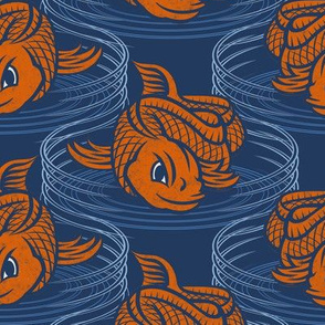 ★ KOI FISH INVASION ★ Navy Blue & Orange - Large Scale / Collection : Japanese Koi Block Print