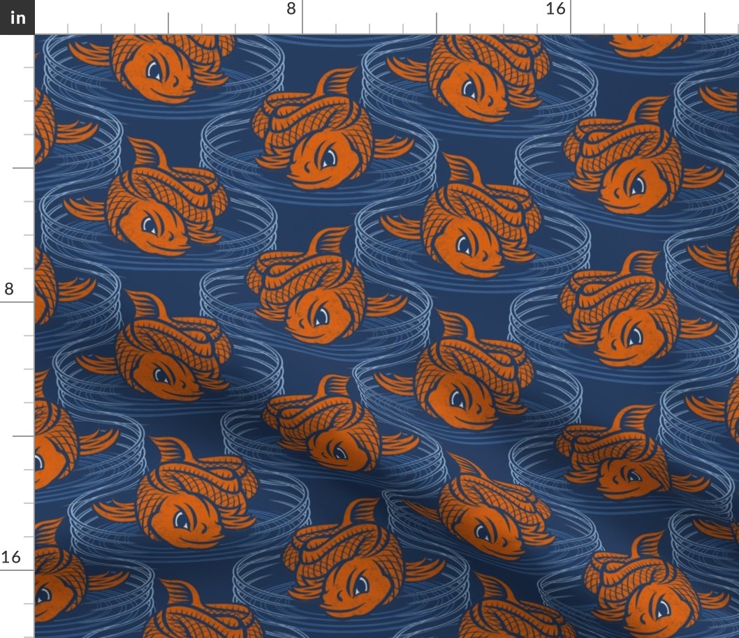 ★ KOI FISH INVASION ★ Navy Blue & Orange - Large Scale / Collection : Japanese Koi Block Print