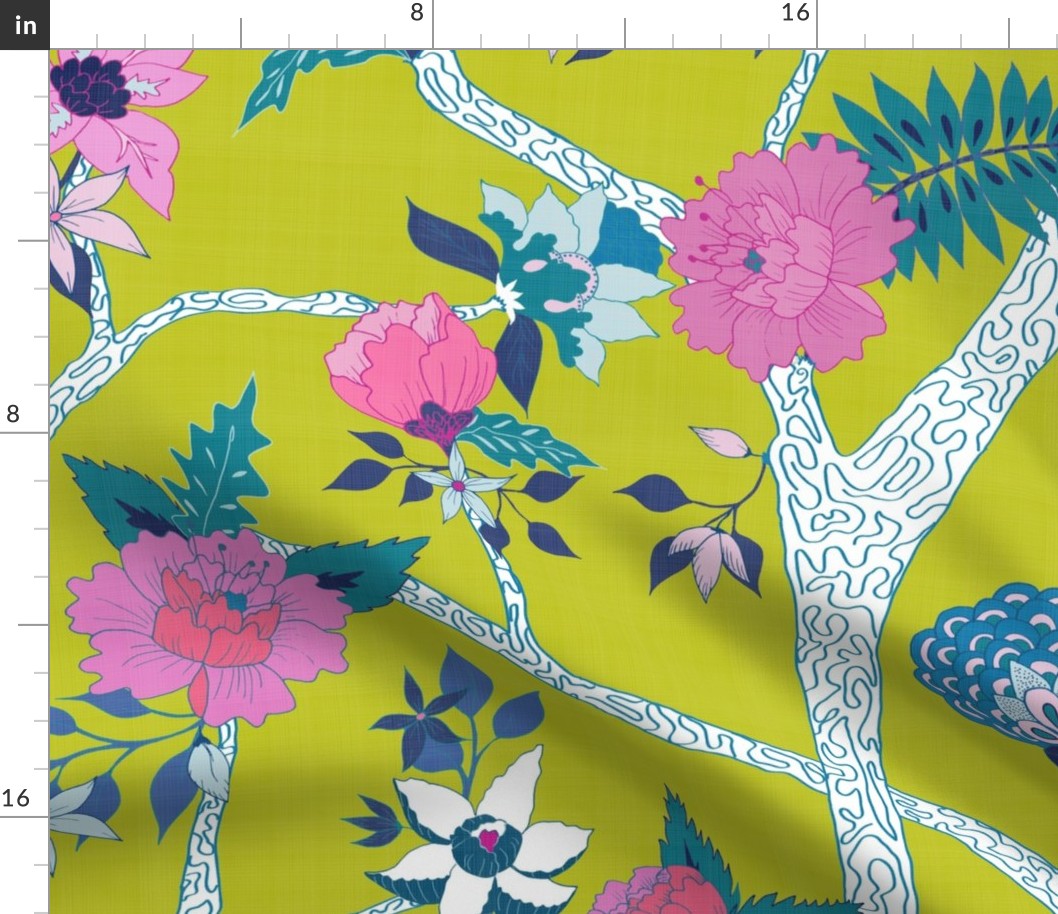Deluxe Citron Peony Branch Mural Fabric | Spoonflower