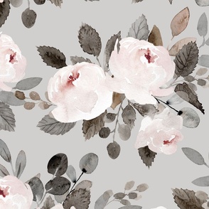 XLarge - Neutral Watercolor Rose Floral on Gray