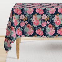 Navy Watercolor Floral - Pink Peony - Succulent - Large