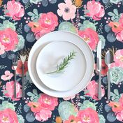 Navy Watercolor Floral - Pink Peony - Succulent - Large