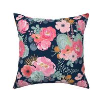 Navy Watercolor Floral - Pink Peony - Succulent - Large