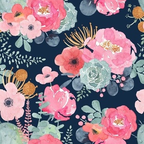 Navy Watercolor Floral - Pink Peony - Succulent - Large