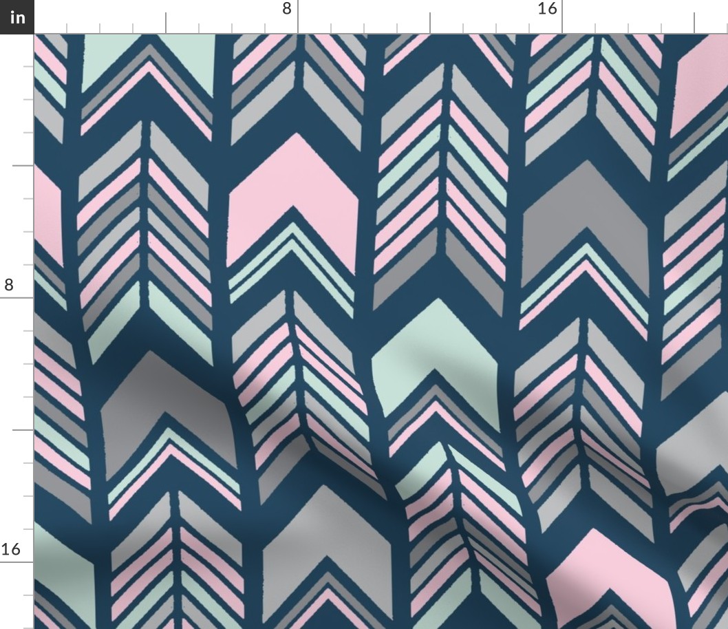 Chevron Arrows 3 1/2 inch scale in spearmint, pink and grey on navy