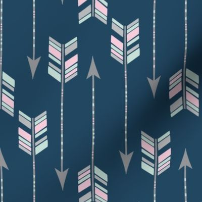 Chevron Arrows in Spearmint, Pink and Grey on a Navy background.