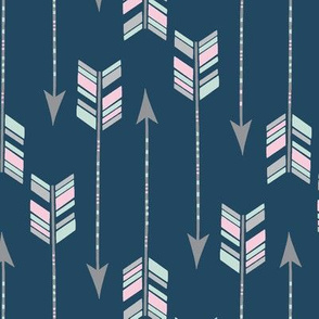 Chevron Arrows in Spearmint, Pink and Grey on a Navy background.