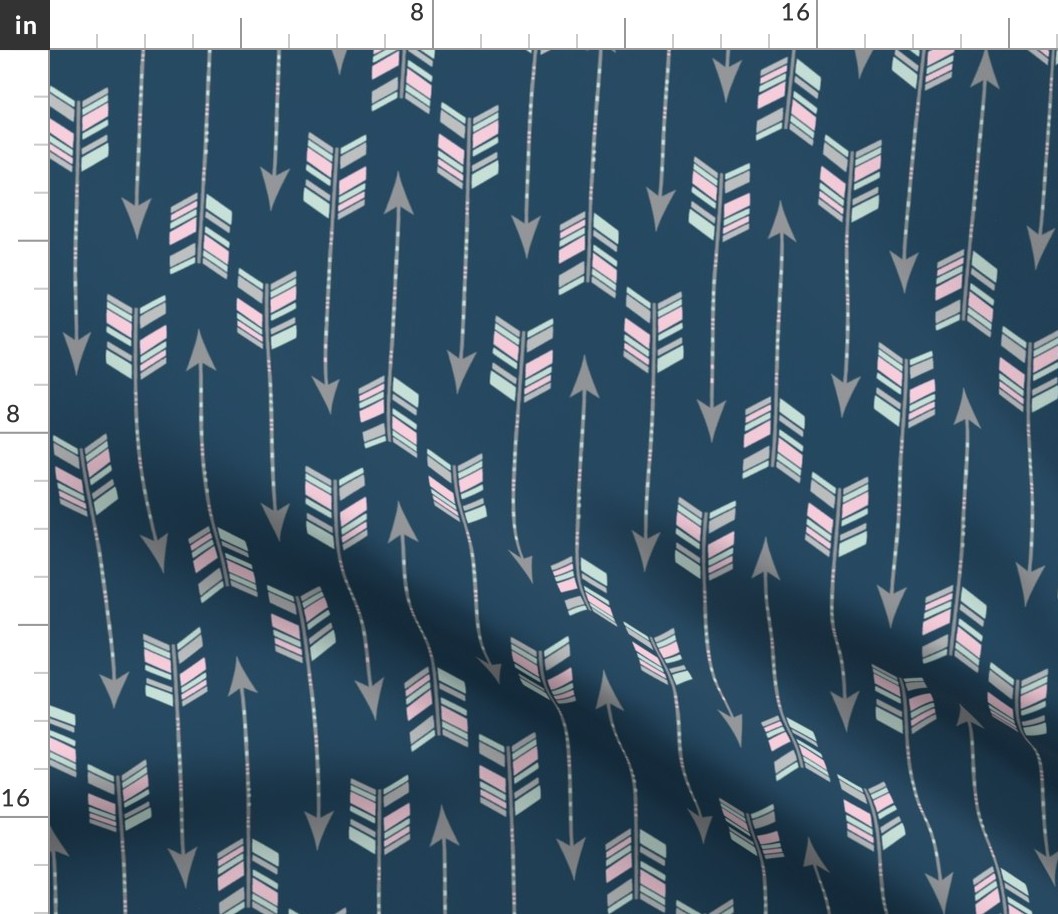 Chevron Arrows in Spearmint, Pink and Grey on a Navy background.