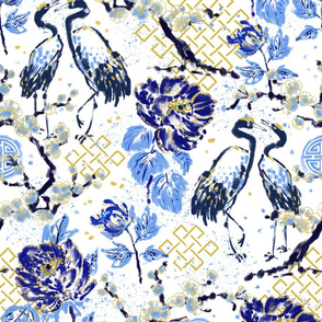 Romance of Cranes Chinoiserie (blue & gold mix) XL