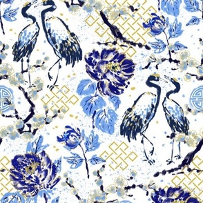 Romance of Cranes Chinoiserie (blue & gold mix) midium