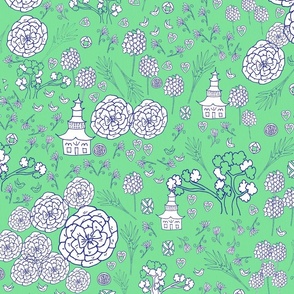 Flora Forest with Pagoda chinoiserie white  blue on apple