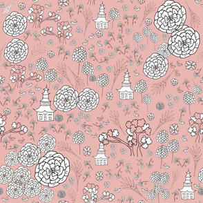 Flora Forest with Pagoda chinoiserie white on ROSE