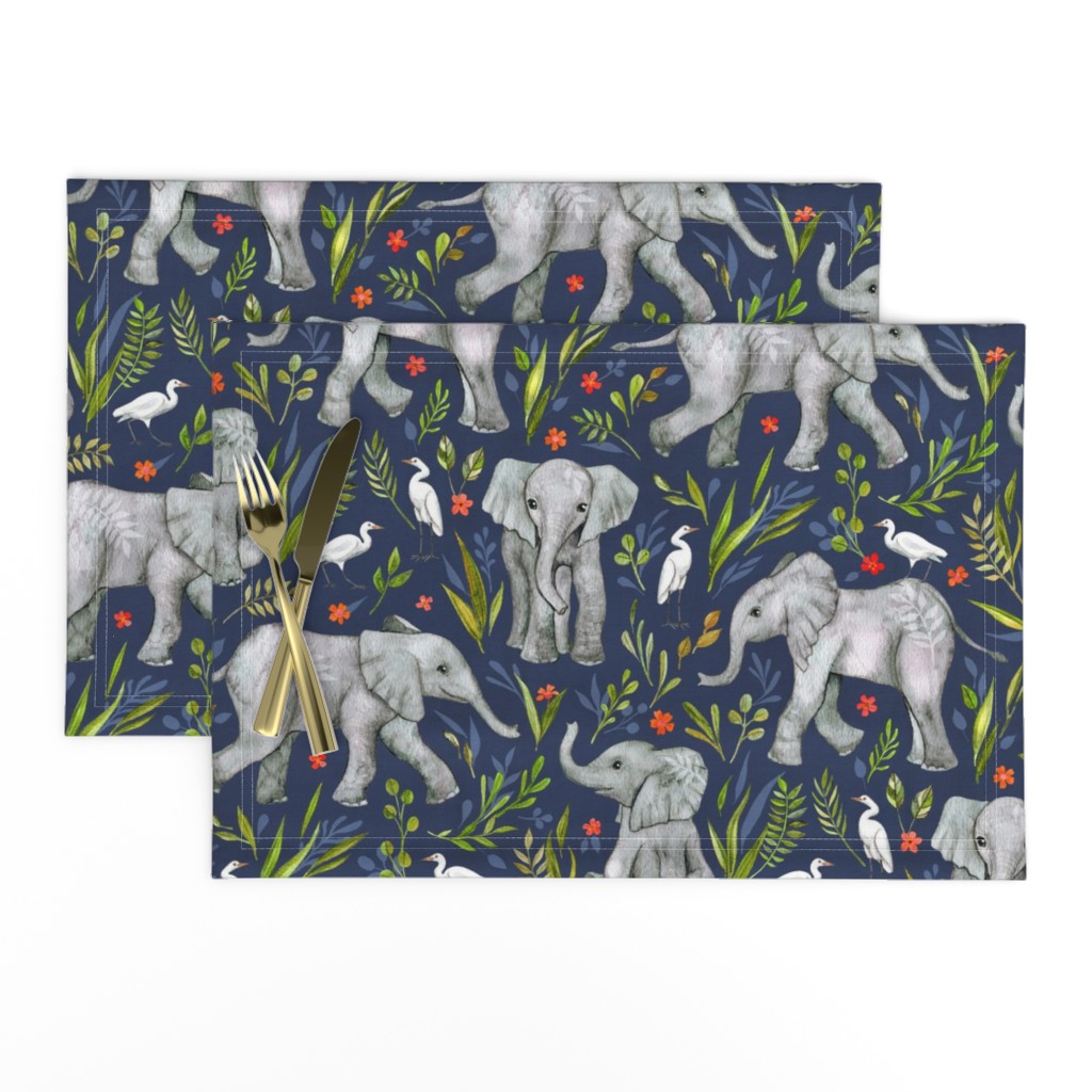 Baby Elephants and Egrets in Watercolor - navy blue, large print