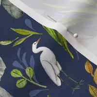 Baby Elephants and Egrets in Watercolor - navy blue, large print