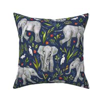 Baby Elephants and Egrets in Watercolor - navy blue, large print